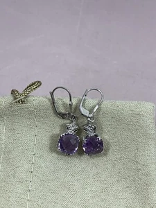 925 Silver 4.0ctw Cushion Checkerboard Brazilian Amethyst Dangle Earrings - Picture 1 of 7