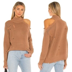 Lovers + Friends Sz S Arlington Distressed Off Shoulder Wool Sweater Tan Relaxed - Picture 1 of 12