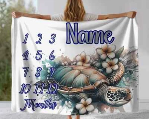 Turtle Milestone Blanket Monthly Growth Tracker Soft Fleece Sea Blanket Baby - Picture 1 of 8
