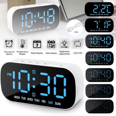 Digital LED Desk Alarm Clock LED Large Display Time Temperature Battery Snooze - Image 1 of 4