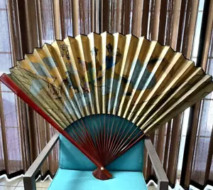 Vtg Oriental Asian Painted Folding Paper Wall Fan Floral Birds Women Gold Teal - Picture 1 of 19