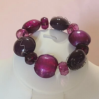 Artisan Dark Purple Magenta Wire Wrap Glass Chunky Pebble Stretch Bracelet  - Image 1 of 4