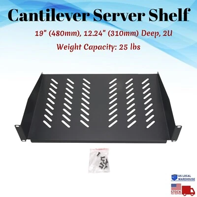2U 19" Server Shelf Tray 2 Space Vented Rack Mount 12.24" Deep Depth Network - Image 1 of 4
