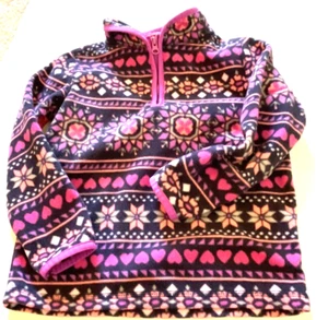 OshKosh B’Gosh Girls Size 4 Fleece Pullover Quarter Zip Jacket Hearts Flowers - Picture 1 of 12