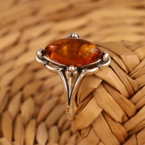 Cognac Baltic Amber 925 Sterling Silver Ring Marquise Baltic Amber Jewellery - Picture 1 of 7