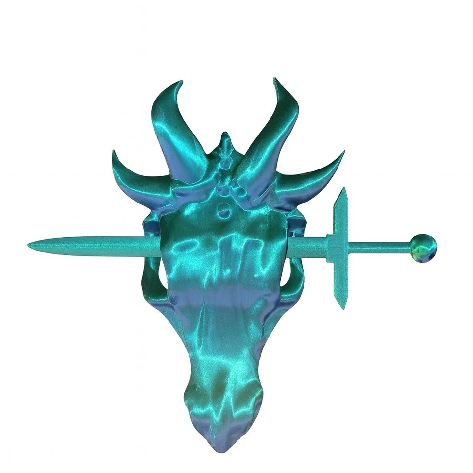 3D Printed Horned Skull Hair Stick – Metallic Teal Sword & Skull Bun Holder - Image 1 of 1