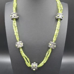 Sterling Silver & Peridot Bead Necklace 18" Multi-Strand Ornate Barrel Spacers - Picture 1 of 9