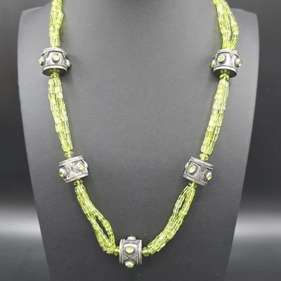 Sterling Silver & Peridot Bead Necklace 18" Multi-Strand Ornate Barrel Spacers - Image 1 of 4