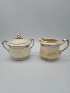 ADAM ANTIGUO de STEUBENVILLE azucarero con tapa y crema crema crema con borde plateado - Imagen 1 de 12