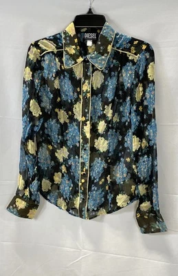 Blusa Diesel Para Mujer C-Giselle Negra Floral Transparente Rayón Botón a Presión Talla M Foto 1 de 4