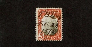 1871-2 U.S.THIRD Issue 5c Org&Blk Washington Silk Threads Sc#R137 Pen&Cut Cancel - Picture 1 of 1