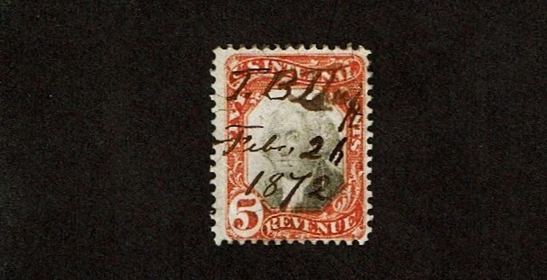 1871-2 U.S.THIRD Issue 5c Org&Blk Washington Silk Threads Sc#R137 Pen&Cut Cancel - Image 1 of 1