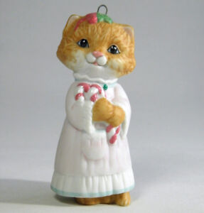 Porcelain Victorian Kitty Xmas Ornament 1991 Hallmark Figurine 3 Candy Cane Cat