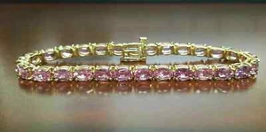 10Ct Oval Lab Created Pink Sapphire Tennis Bracelet 14k Yellow Gold Plated - Picture 1 of 7