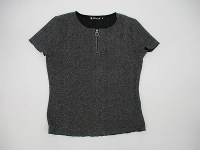 Allegra K Womens Shirt Medium Gray Silver Metallic Sequins Short Sleeves Zip - Image 1 of 4