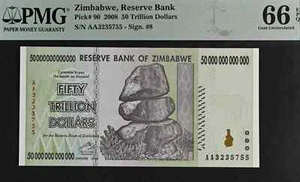 PMG - ZIMBABWE 50 TRILLION DOLLAR BANKNOTE, AA/2008, P-90, 66 GEM UNCIRCULATED - Picture 1 of 4