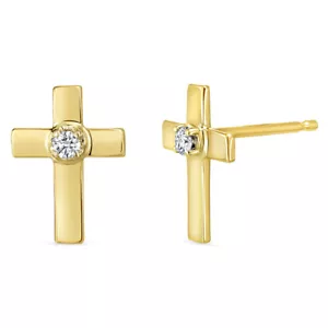 Small 14K Gold Diamond Cross Stud Earrings - Picture 1 of 2