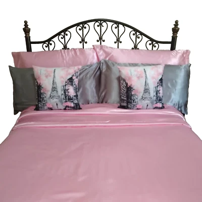 See All Pictures- 10-Pcs. Satin King/Queen Comforter Cover Set – Pink & Gray - Image 1 of 4