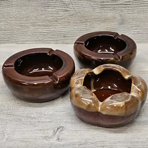 Lot Of 3 Vintage Nevco 5" Round Brown Ashtrays Taiwan Ceramic Glaze - Picture 1 of 19