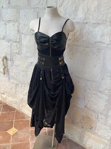 NWT Black LACE Faux Leather Gothic STEAMPUNK Bustier Buckle Front Dress SZ S - Picture 1 of 12