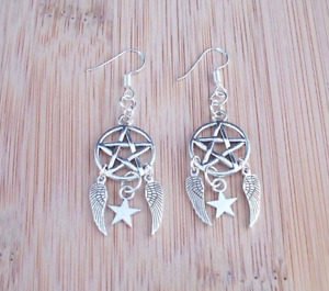 Dream Catcher Style Pentagram, Stars & Angel Wings,925 Silver Hook Earrings
