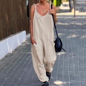 Ladies Strappy Loose Dungarees Trendy Relaxed Sling Pocket Jumpsuit UK - Picture 1 of 24