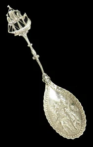 19th CENTURY DUTCH GALLON SHIP .833 SILVER SOUVENIR 5 5/8" SPOON - Picture 1 of 6