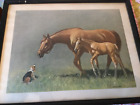 ANTIQUE PICTURE WITH HORSES AND DOG