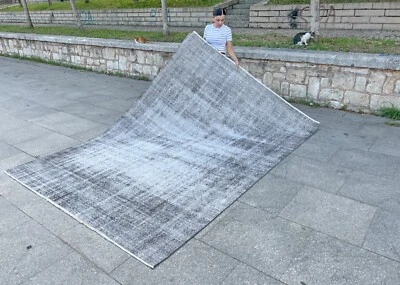 ALFOMBRA TURCA GRANDE VINTAGE ANTIGUA MODERNA ENVEJECIDA GRIS HECHA A MANO 7,4x10,6 Foto 1 de 4