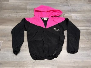 Vintage 90s Girls 1/2 Zip Windbreaker Black Hot Neon Pink Sz M 5-6 Hooded Jacket - Picture 1 of 9