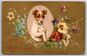 Christmas Dog~Cute Jack Russell Pup Begs~Oval Portal~Pansies~Gold Textured Bk - Picture 1 of 2