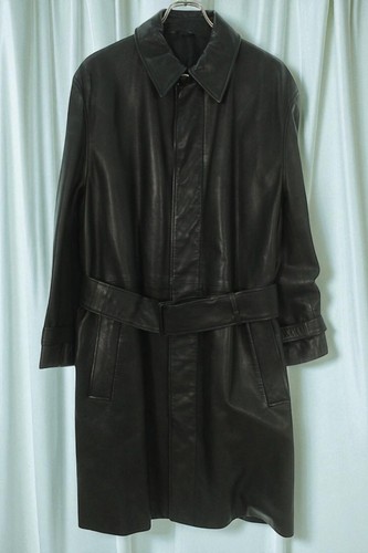 HERMÈS HERMES Cappotto Chester in pelle di vitello lungo nero con cintura in vita Taglia:50 Uomo