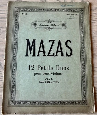 MAZAS 12 PETITS DUOS FOR 2 VIOLINS OP 38 NO's 7-12 SHEET MUSIC BOOK 2 (1930's) - Image 1 of 3
