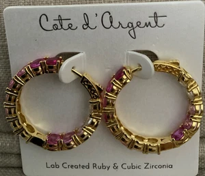 Cote D' Argent Lab Created Ruby & Cubic Zirconia hoop earrings 1.1” NWT - Picture 1 of 8