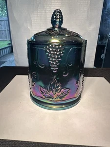 Vintage Indiana Carnival Glass Canister Jar Grapes, Blue Green Purple 7 1/2" Lid - Picture 1 of 11