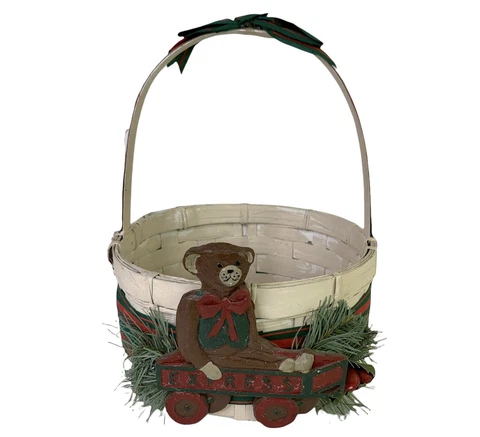 Vintage Christmas Bear In Wagon Woven Wicker Basket Holiday Pine Decor EUC Cover