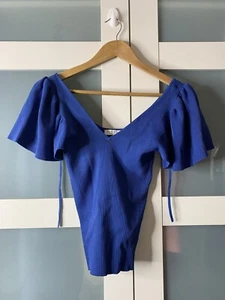 Neu Sandro Paris V-Ausschnitt Kurzarm Pullover blau Bluse Top Größe 2 Small Medium - Bild 1 von 15