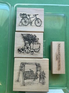 Stampin' Up! Wood Mounted Stamp Set of 4 - SUMMER AFTERNOON Bicycle Swing Bunny - Picture 1 of 3