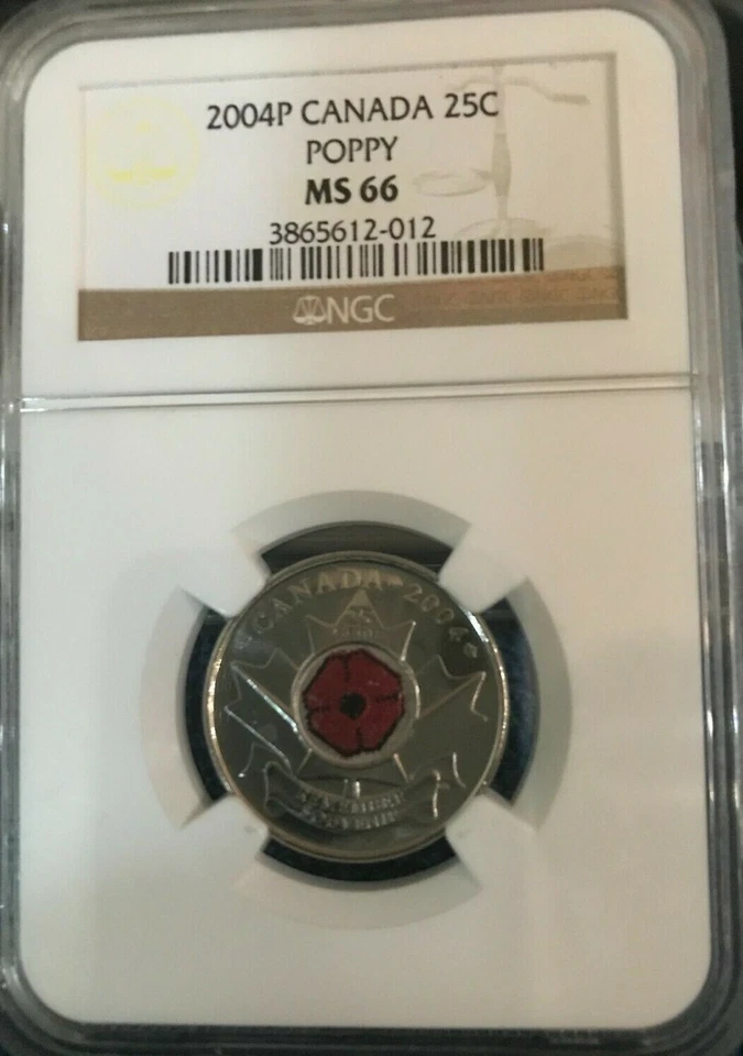 2004 P CANADA 25 CENT NGC MS66 UNCIRCULATED POPPY QUARTER COLORIZED LOW POP - Image 1 of 1