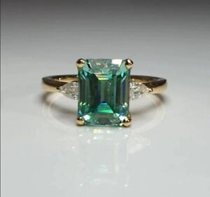 2.20 Ct Emerald Cut Green Moissanite Solitaire Engagement 14k Yellow Gold Finish
