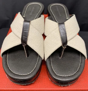 Donald J Pliner Natural/Brown Linen Gore Crisscross Wedge Thong Sandal Sz 9 - Picture 1 of 5