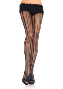 Black Vintage Pinstripe Tights, Retro Pin Up Pantyhose, Sexy Legs, Office Wear
