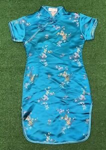 Bitablue Cap Sleeve Blue Chinese Dress with Gold & Pink Flower Pattern Size 6