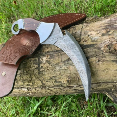 11" Custom Handmade Damascus Steel Survival Hunting Karambit Knife With Sheath - Image 1 of 4