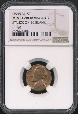 1955-D 5¢ Struck On A 1¢ Copper Planchet 3.1 Grams NGC Mint Error MS 64 RB - Image 1 of 2