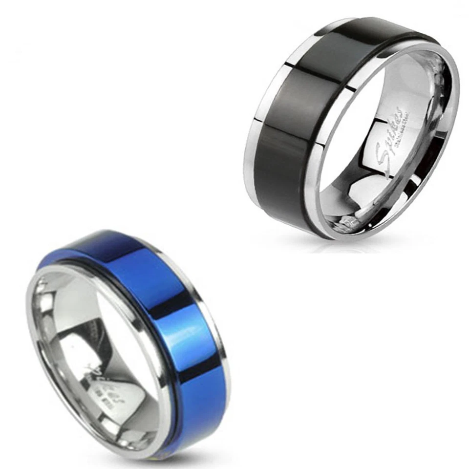 Black or Blue Ion Stainless Steel Center Spinner Men's Women's Band Ring R629  - Image 1 of 1