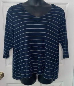 J Jill Plus Sz 2X Blue Striped Pima Cotton 3/4 Sleeve Tee Pullover Tunic EUC - Picture 1 of 11