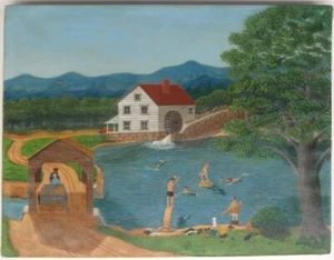 PA FOLK ART Painting EDWARD HESS Old Mill PENNSYLVANIA Artist Boys SWIMMING HOLE - Picture 1 of 9