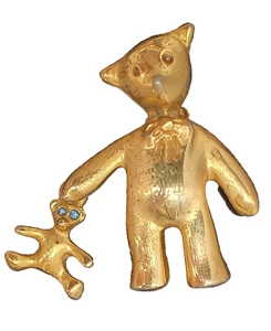 Super Cute Gold Tone Metal Mummy and Baby Dangle Brooch Blue Rhinestone Eyes 3cm - Bild 1 von 6