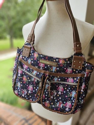 Bolso de Hombro Lily Bloom Azul Marino, Púrpura, Rosa Doble Asa, Búhos Foto 1 de 4